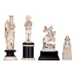 Four 19thC small Dieppe or Paris ivory figures, three on a wooden base, H 7,7 - 16,5 cm