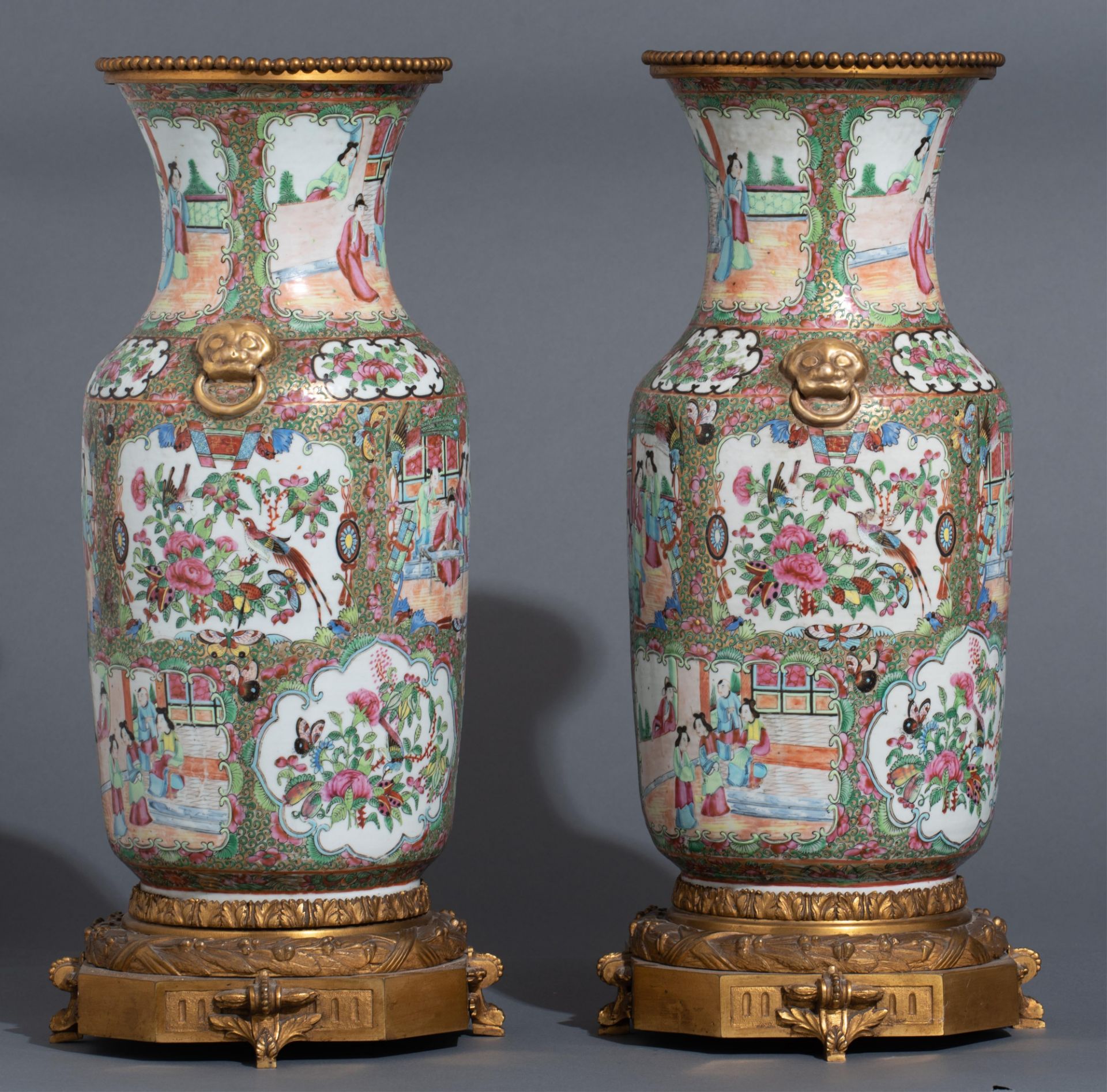 Two Chinese Canton famille rose mounted vases and a ditto punch bowl, 19thC, H 52 cm - Image 4 of 13