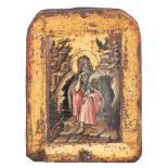 A 16thC Byzantine icon of St. John, and a matching 19thC icon with silver Reza, 15 x 21 - 12 x 15 cm