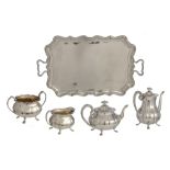 A four-part English silver coffee & tea set with added a ditto matching silver serving tray, W tray