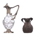 Two Art Nouveau items, a glass ewer with silver mounts and a bronze vase, H 15,5 - 29,5 cm