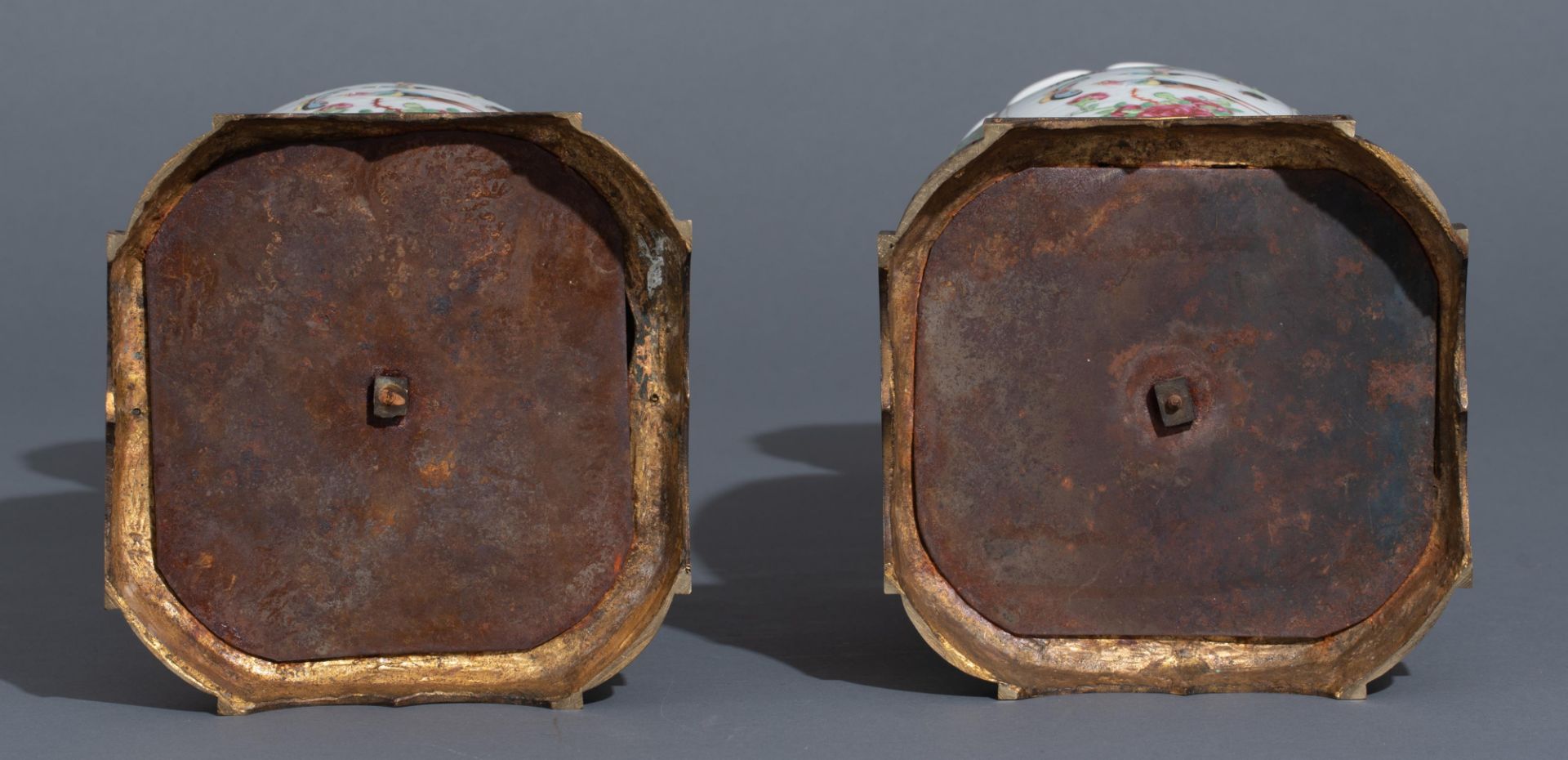 A pair of Chinese Canton vases, with fixed gilt bronze bottom mounts, 19thC, total H 41 cm - Image 5 of 6