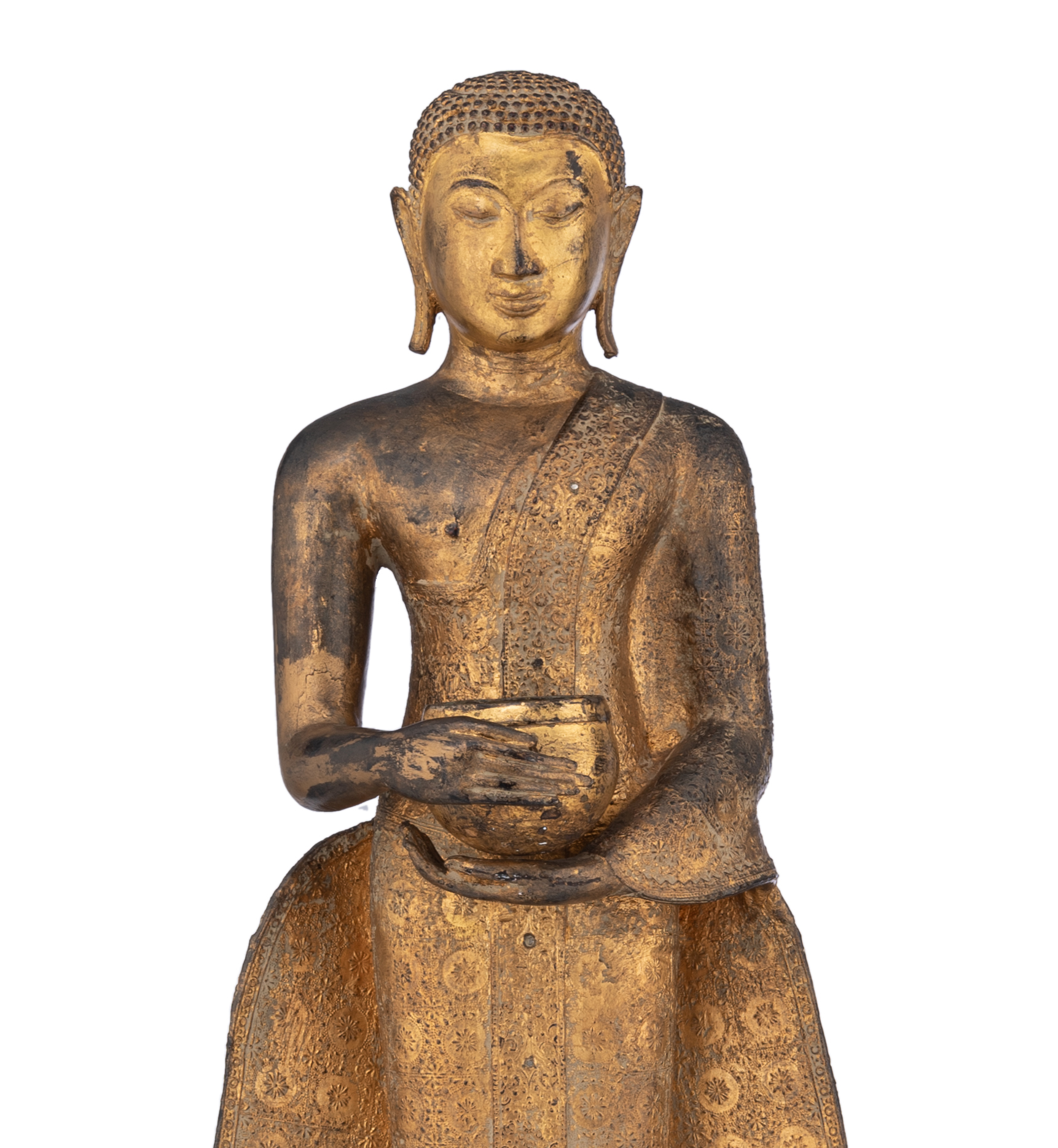 Two gilt bronze standing Buddha and a lacquered and gilt wood seated Buddha, Thailand, Tallest H 121 - Bild 9 aus 11