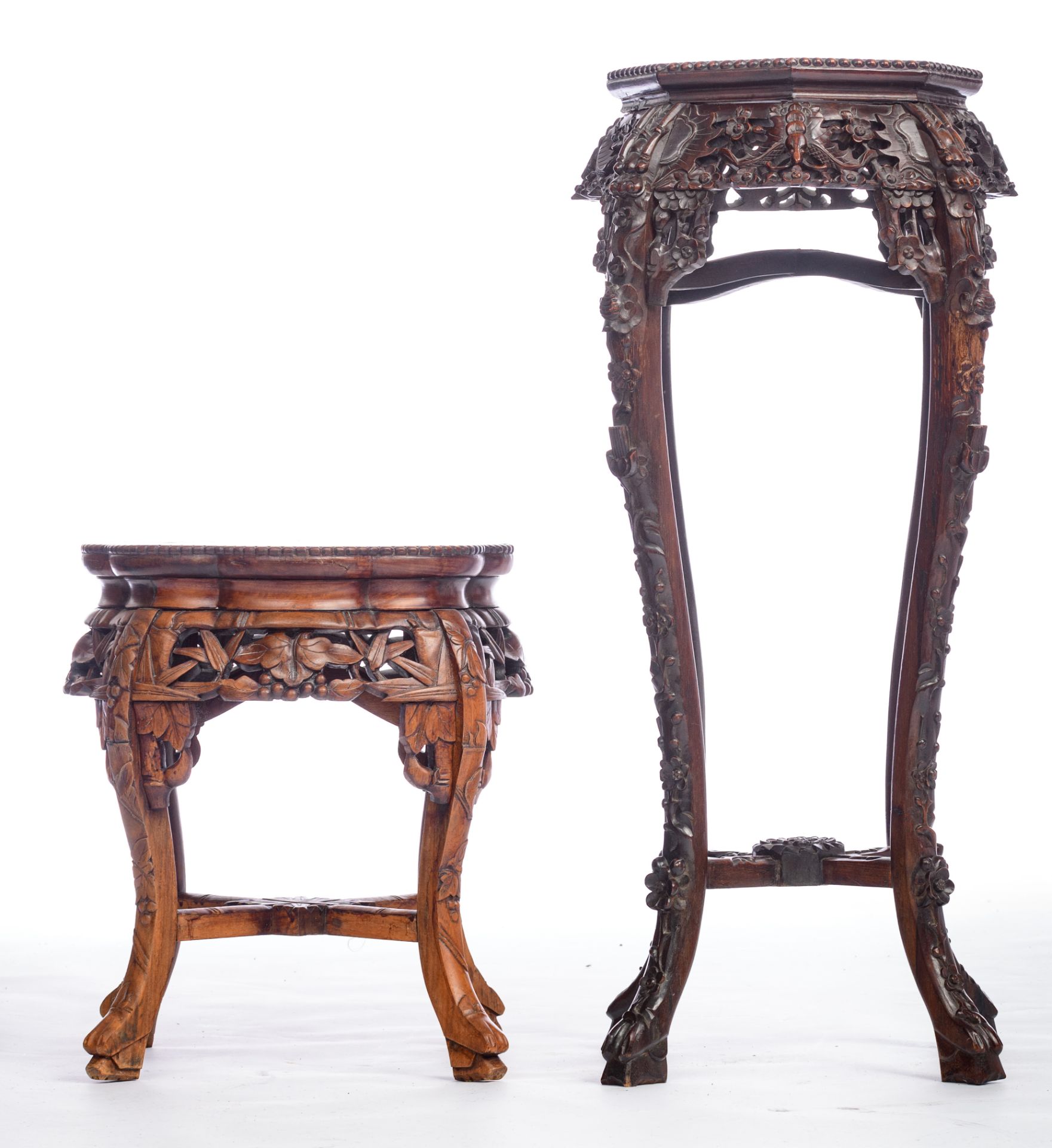 Two Chinese richly carved exotic hardwood stands, H 48 - 91 - W 40 - 42 cm - Image 4 of 7