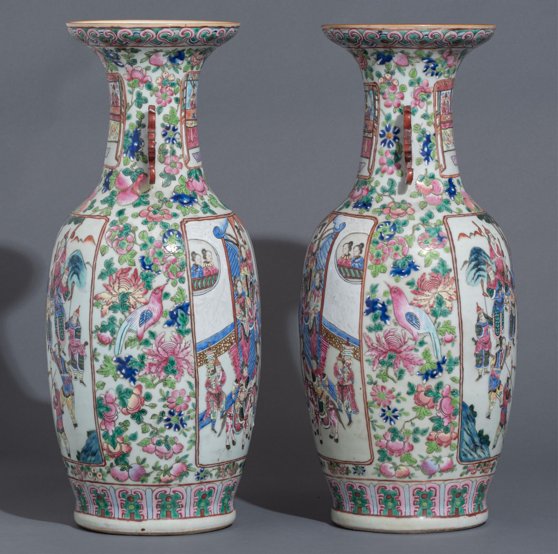 A pair of Chinese famille rose 'General Yang and Mu Guiying' vases, 19thC, H 62,5 cm - Image 2 of 6