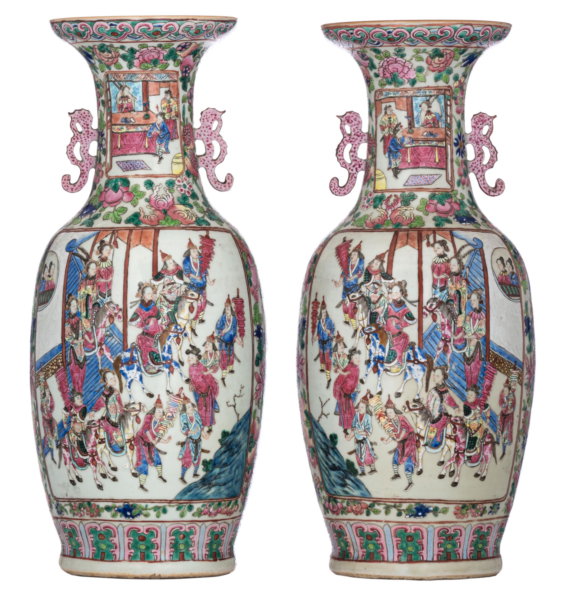 A pair of Chinese famille rose 'General Yang and Mu Guiying' vases, 19thC, H 62,5 cm
