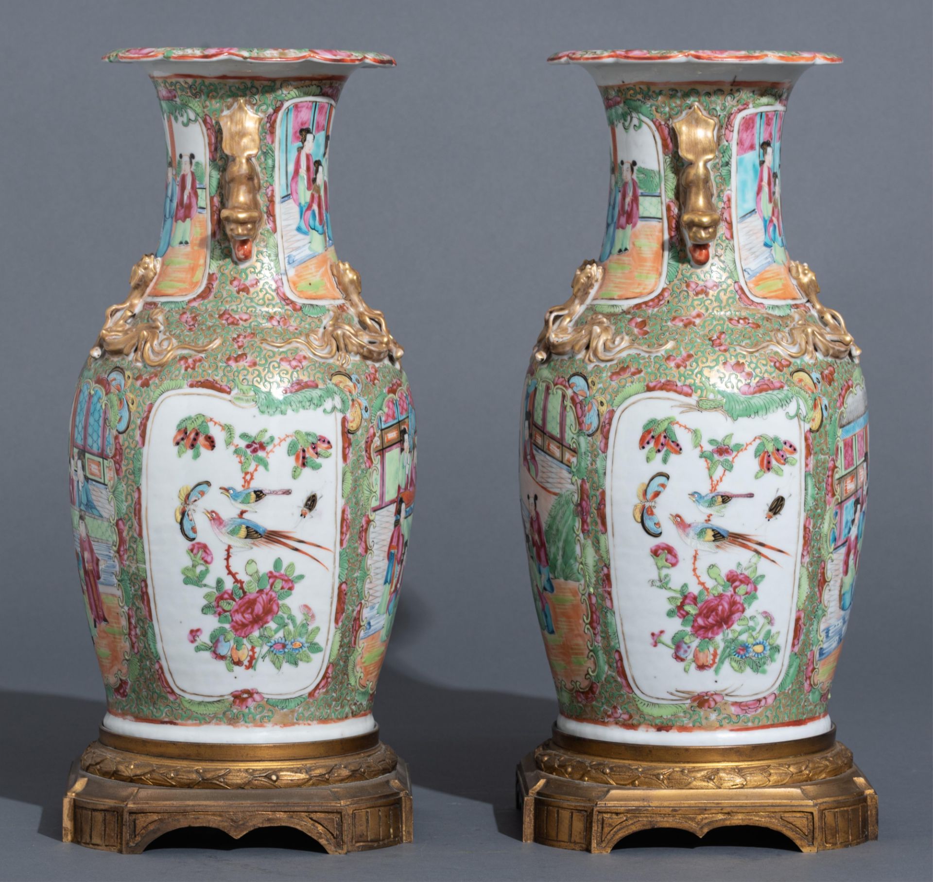 A pair of Chinese Canton vases, with fixed gilt bronze bottom mounts, 19thC, total H 41 cm - Image 3 of 6