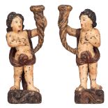 A pair of candelabra, shaped as putti holding the horns of abundance, 18thC, H 72,5 cm
