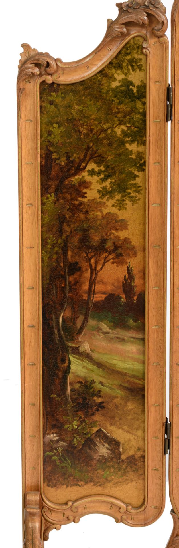 A Rococo style fire screen, with a romantic scene in the 'Vernis Martin' manner, H 148 - W 52 - 106 - Image 5 of 7