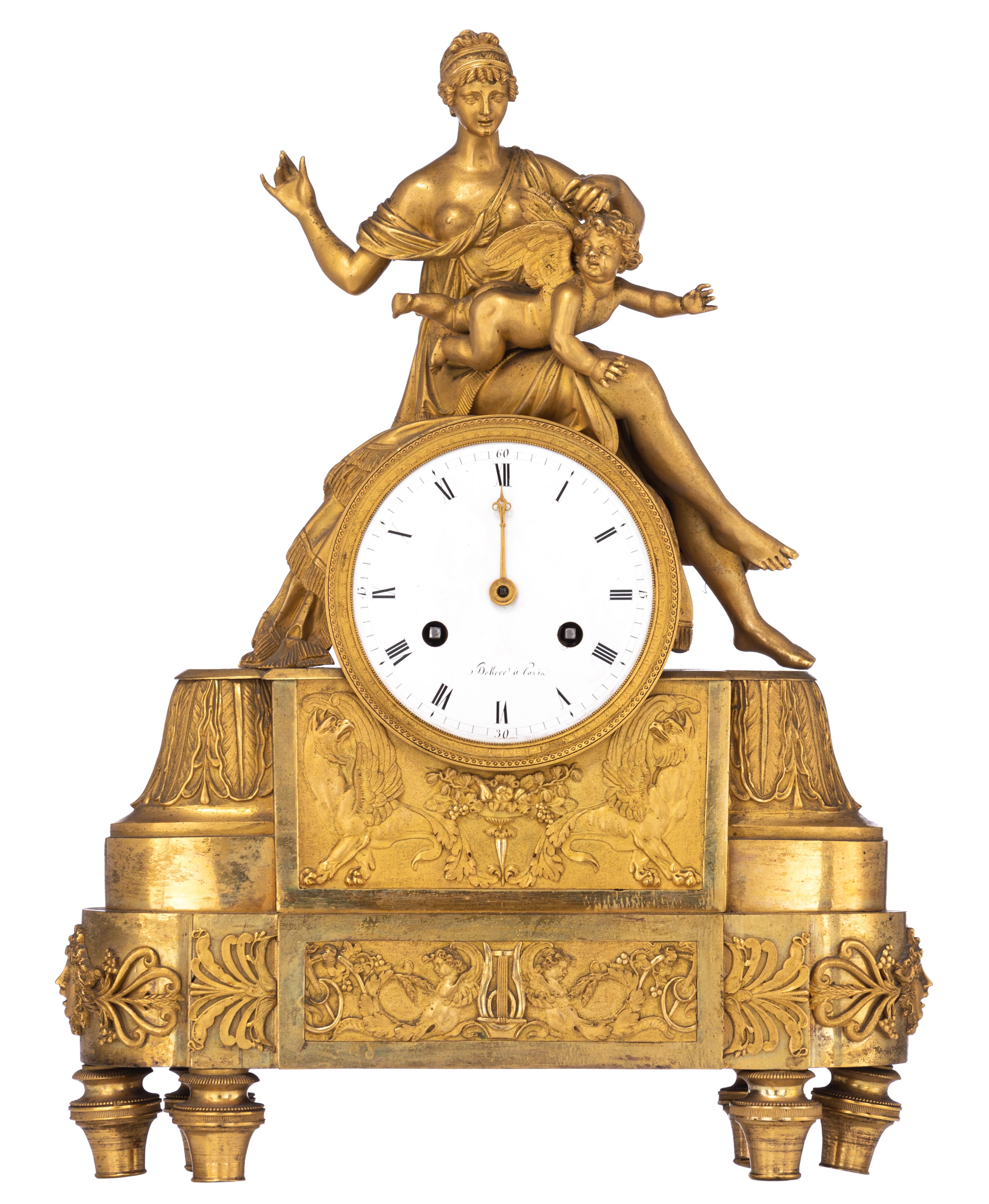 A French Restauration gilt bronze mantle clock, marked 'Bekerr à Paris', H 33 - W 43,5 cm