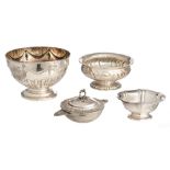 Four various French, English & German silver bowls, 19th-20thC, H 7,6 - 9,8 - 10,1 - 14,5 cm, total