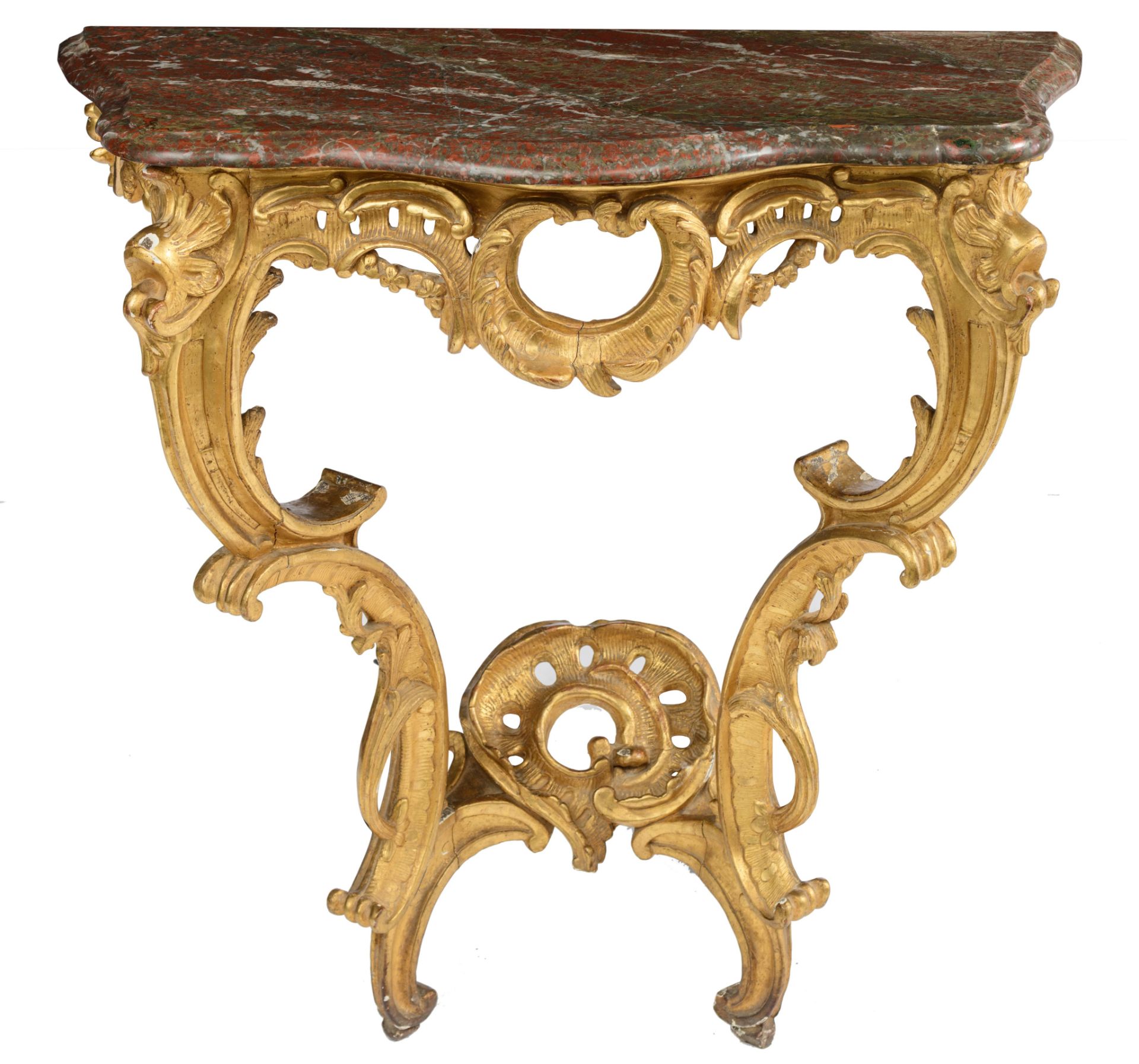 A richly carved giltwood Rococo console table, mid 18thC, H 83 - W 81,5 - D 48,5 cm