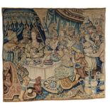A 17thC wall tapestry depicting a mythological banquet, H 275 x 241 cm