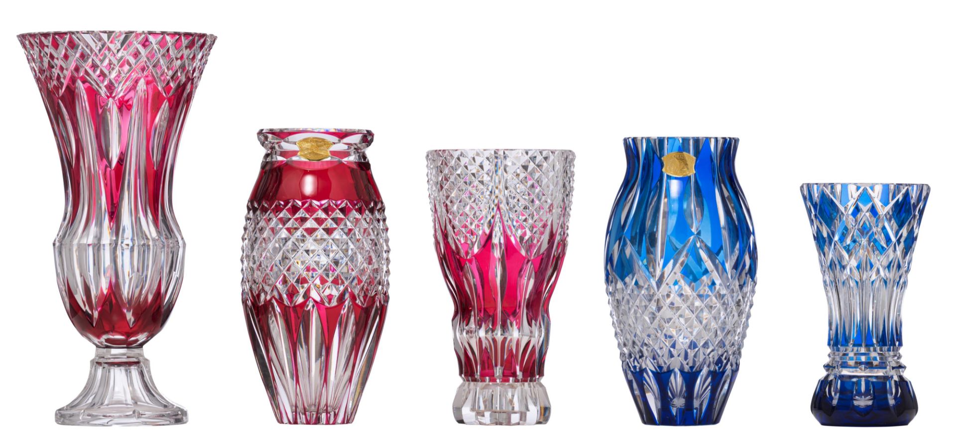 A collection of five glass Val-Saint-Lambert vases, H 25 - 40,5 cm