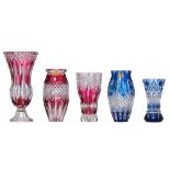 A collection of five glass Val-Saint-Lambert vases, H 25 - 40,5 cm