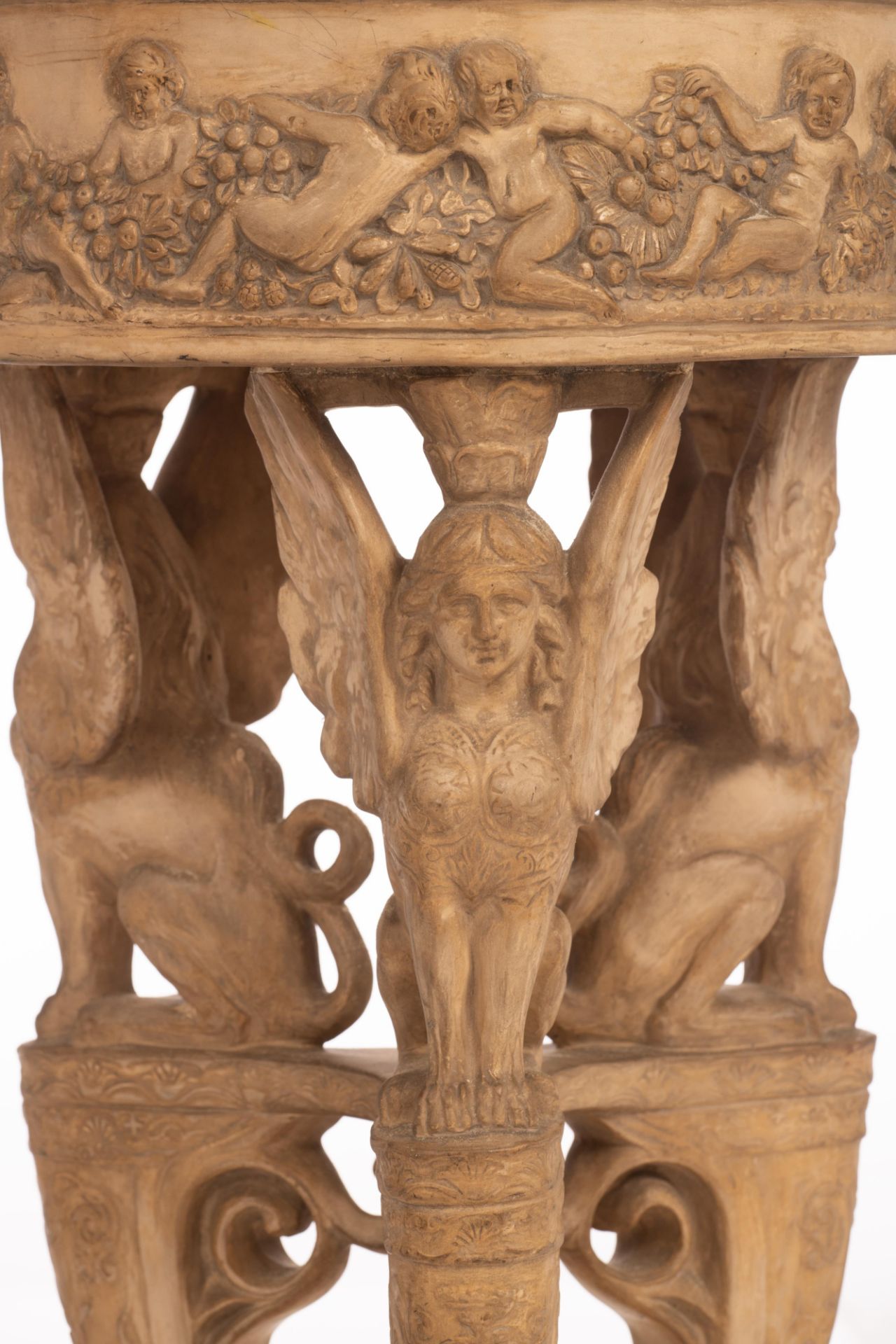 An Empire style patinated terracotta jardinière, H 90 - ø 36,5 cm - Image 8 of 17