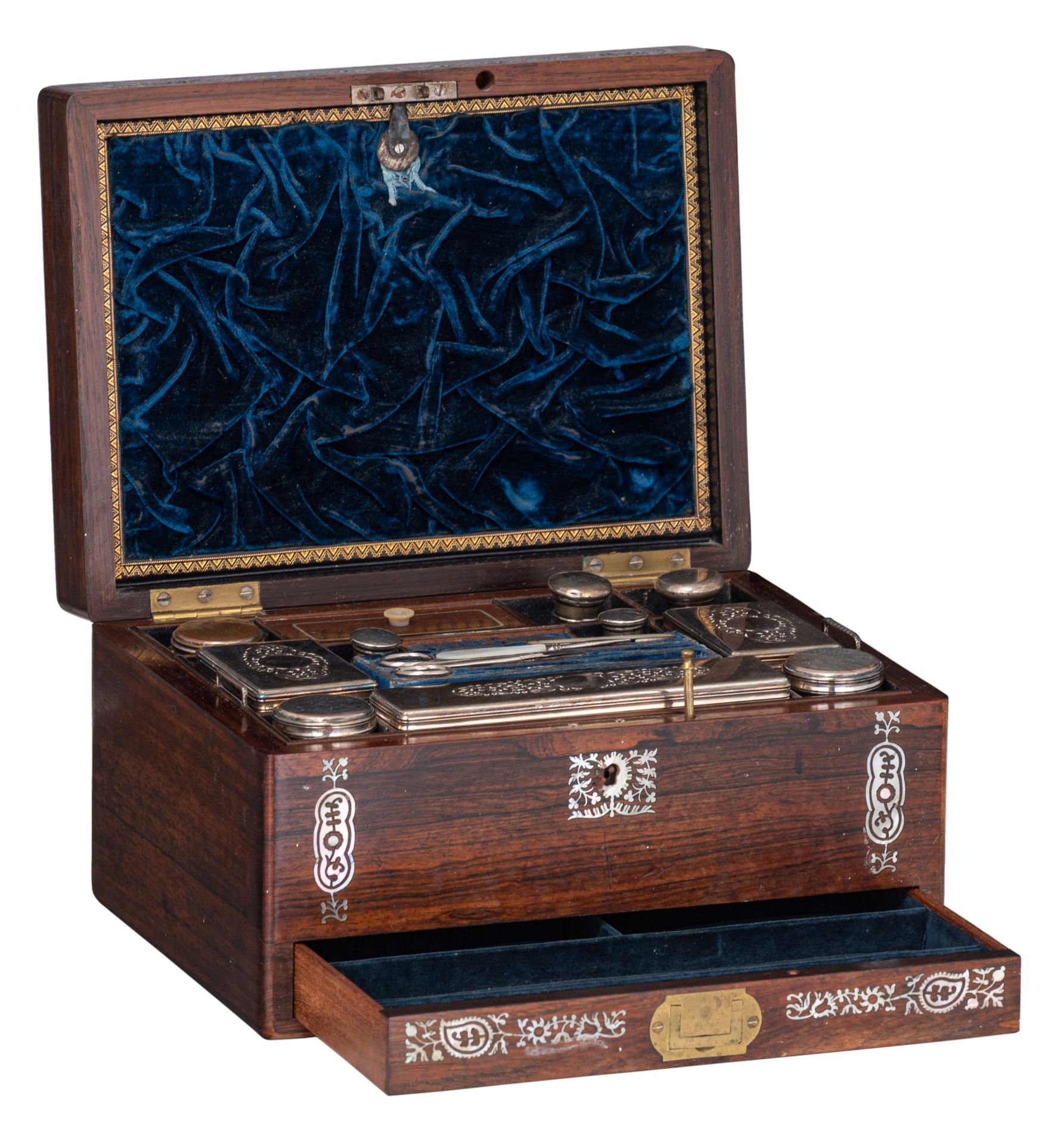 A Victorian rosewood and mother-of-pearl inlaid ladies vanity box, H 17 - W 30,5 - D 23 cm - Image 9 of 15