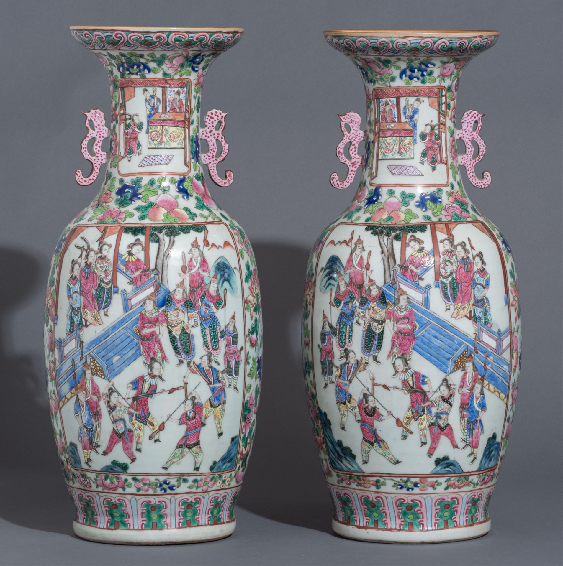 A pair of Chinese famille rose 'General Yang and Mu Guiying' vases, 19thC, H 62,5 cm - Image 3 of 6