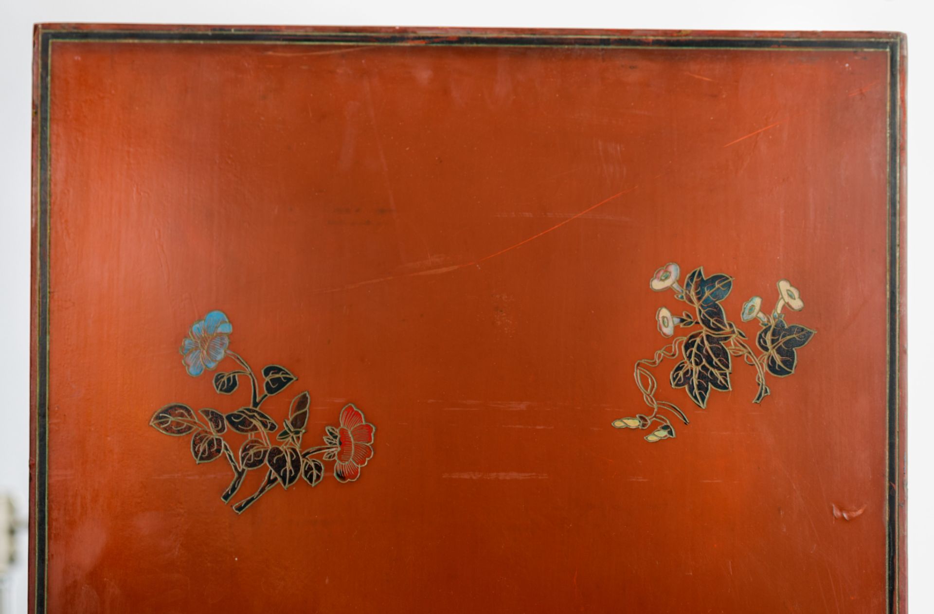 A Chinese six-fold lacquered chamber screen, late 19thC/20thC, Dimensions of one panel 183,3 x 40,5 - Image 7 of 7