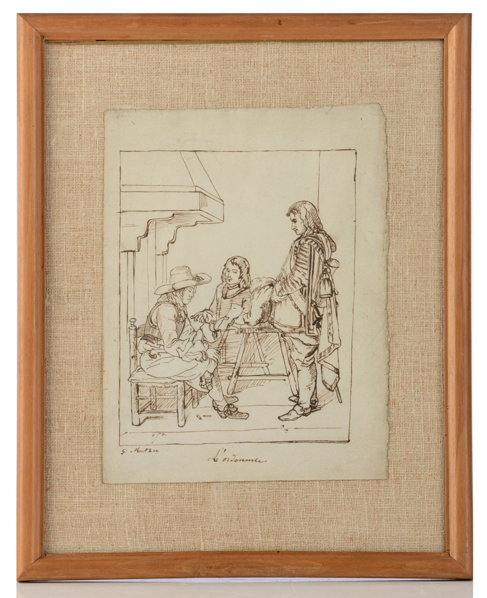 Ink drawing after Gabriel Metsu and an etching by Henri Victor Wolvens, 13,9 x 17,9 - 21 x 27,5 cm - Image 3 of 9