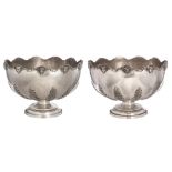 A pair of relief decorated silver-plated punchbowls, 20thC, H 26 cm - Ø 38 cm (incl. relief)
