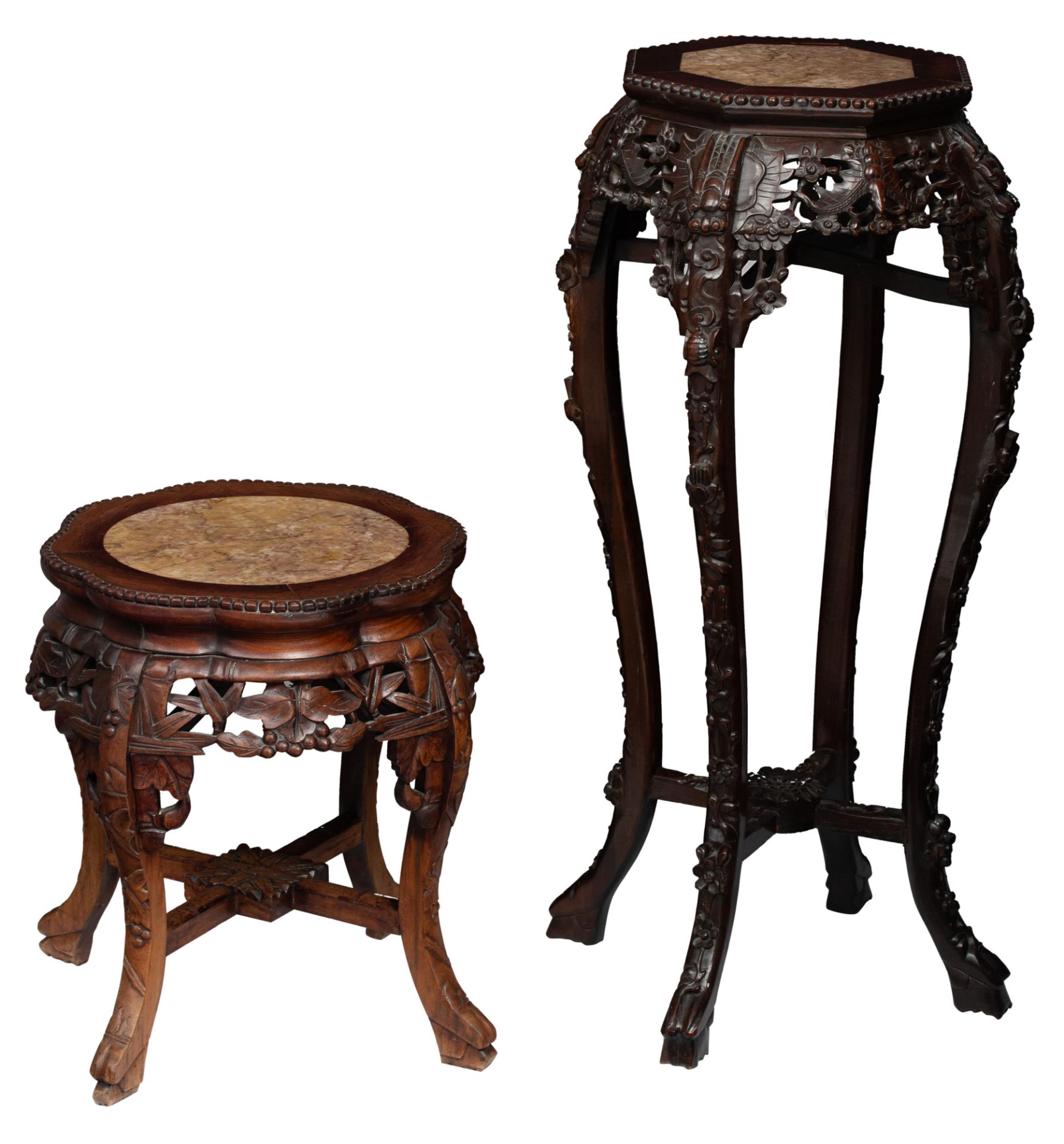 Two Chinese richly carved exotic hardwood stands, H 48 - 91 - W 40 - 42 cm