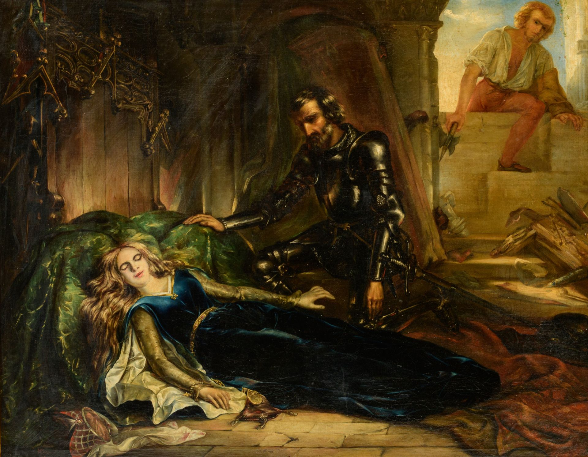 Dobbelaere H., a Gothic Revival scene of a knight rescuing a damsel, 1844, 163 x 222 cm