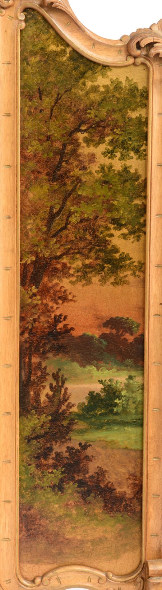 A Rococo style fire screen, with a romantic scene in the 'Vernis Martin' manner, H 148 - W 52 - 106 - Image 4 of 7