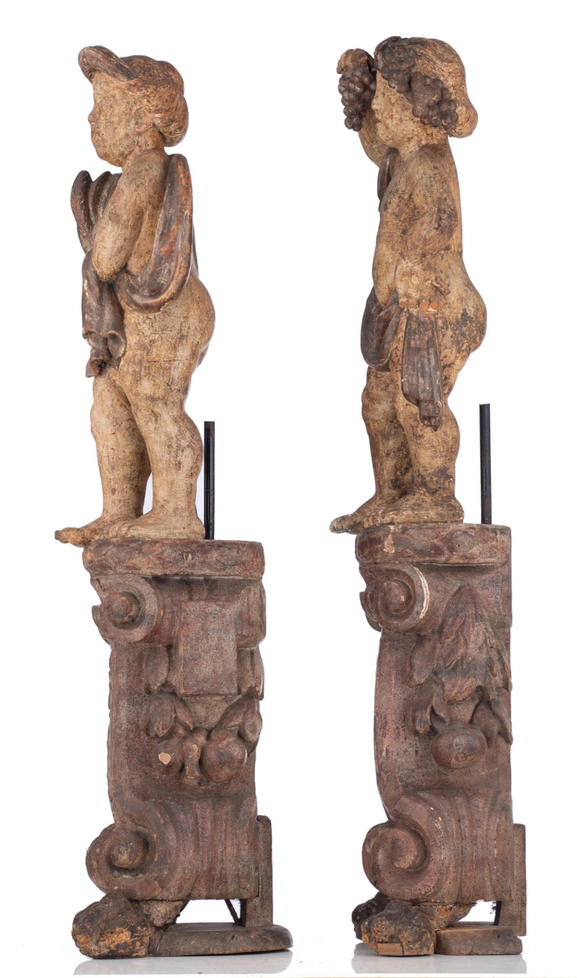 A pair of Baroque putti, representing allegory on summer and autumn, 17th/18thC, H 123,5 - 125,5 cm - Image 2 of 21