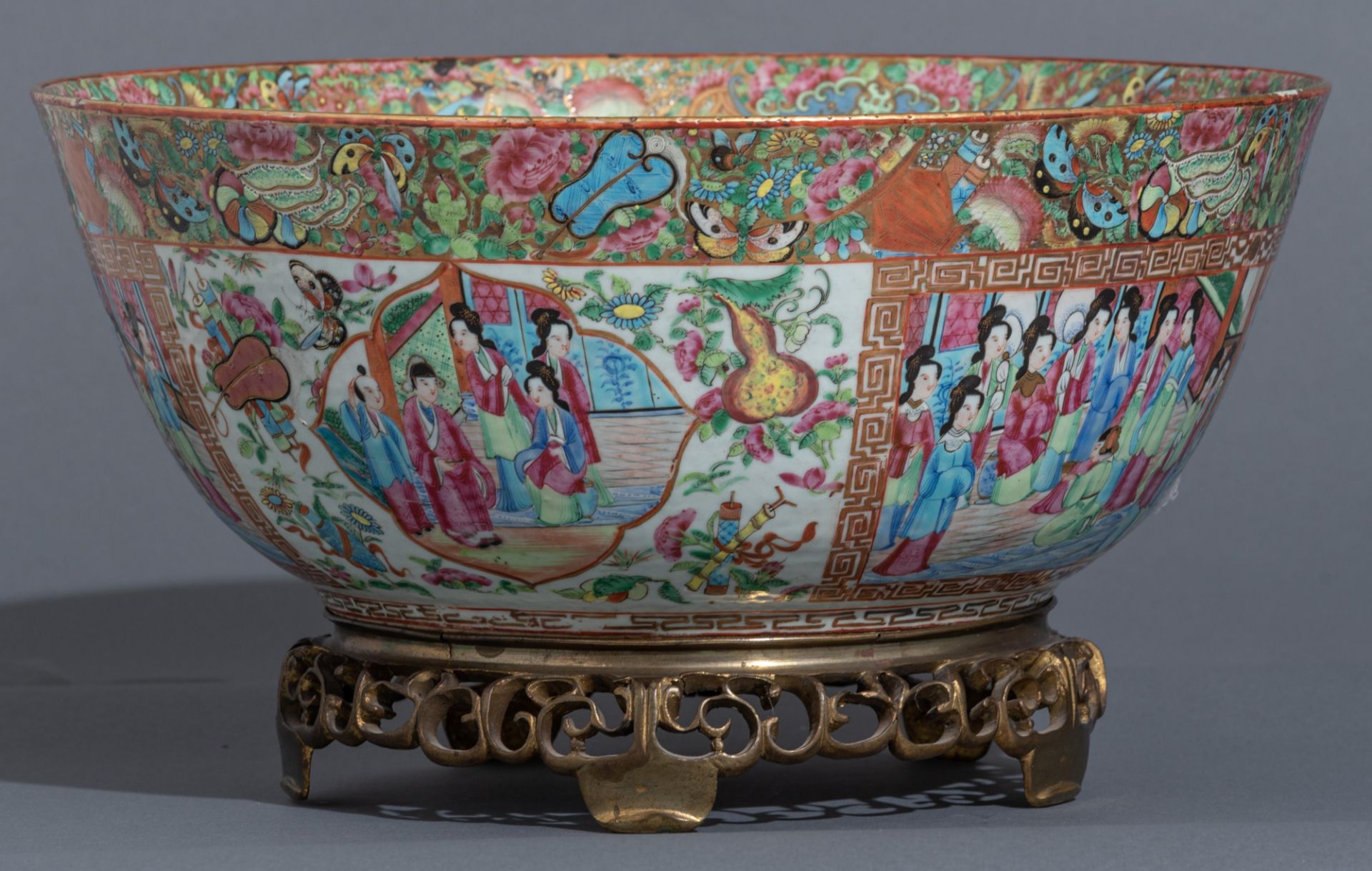 Two Chinese Canton famille rose mounted vases and a ditto punch bowl, 19thC, H 52 cm - Image 8 of 13