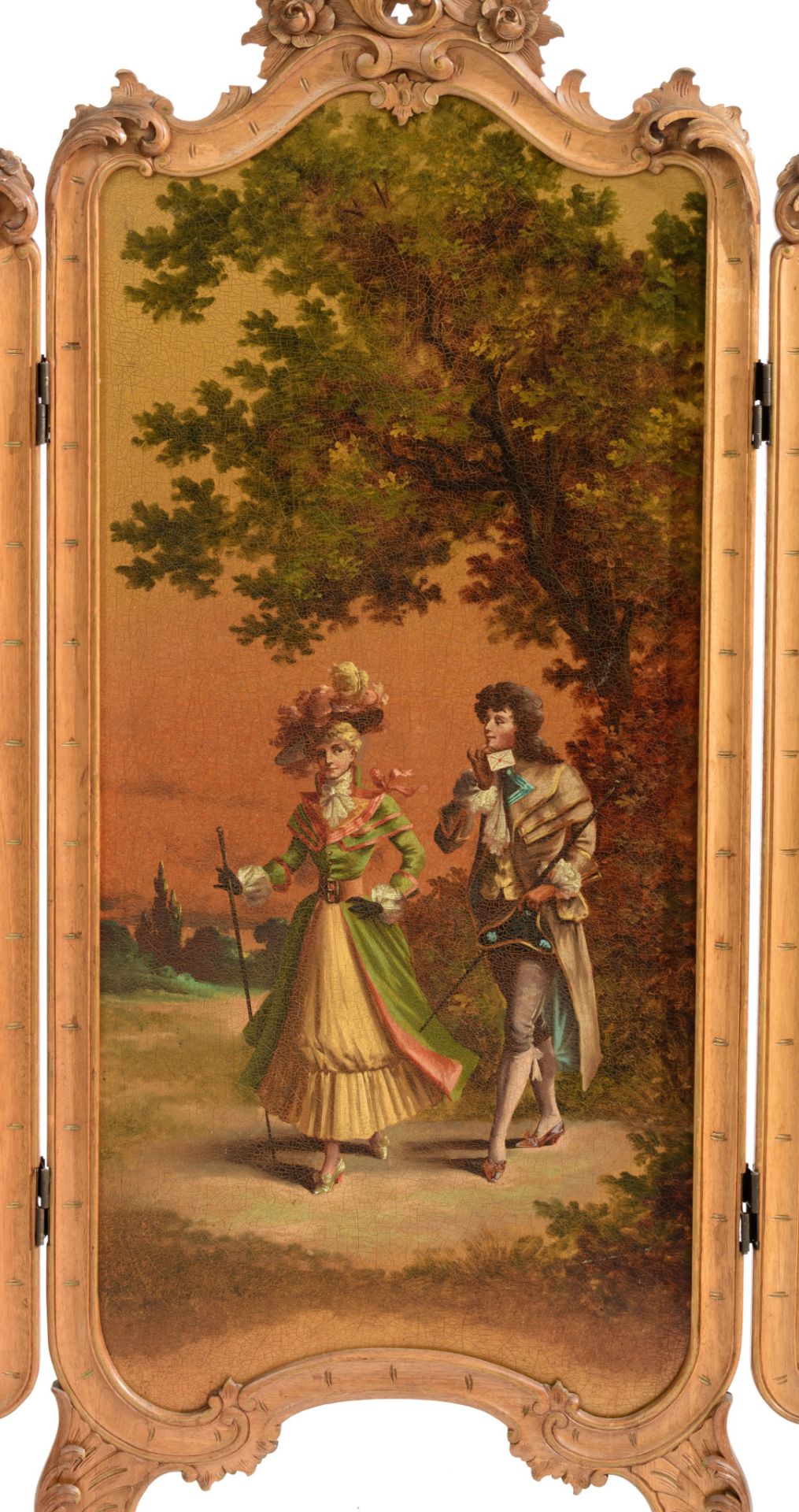 A Rococo style fire screen, with a romantic scene in the 'Vernis Martin' manner, H 148 - W 52 - 106 - Image 3 of 7