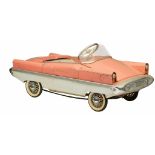 A Torck 'Francorchamps Tourisme II' coral and cream metal pedal car, with music box, 1959, 46 x 49 x