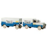 A rare and unique Torck truck and trailer in grey and blue metal, 1958, 58 x 48,5 x 268 cm