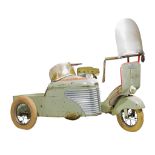 A rare Torck 'Scooter with sidecar', Vespa type, in light olive green metal, 1954, 94 x 90 x 100 cm
