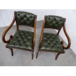 Pair of scroll open arm leather chairs - 2 late 20 th C Regency style sabre leg green leather button