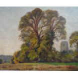 J Neal (1918-2011) ARCA ( RA) Oil on panel Edge of the churchyard Signed lower right and again verso