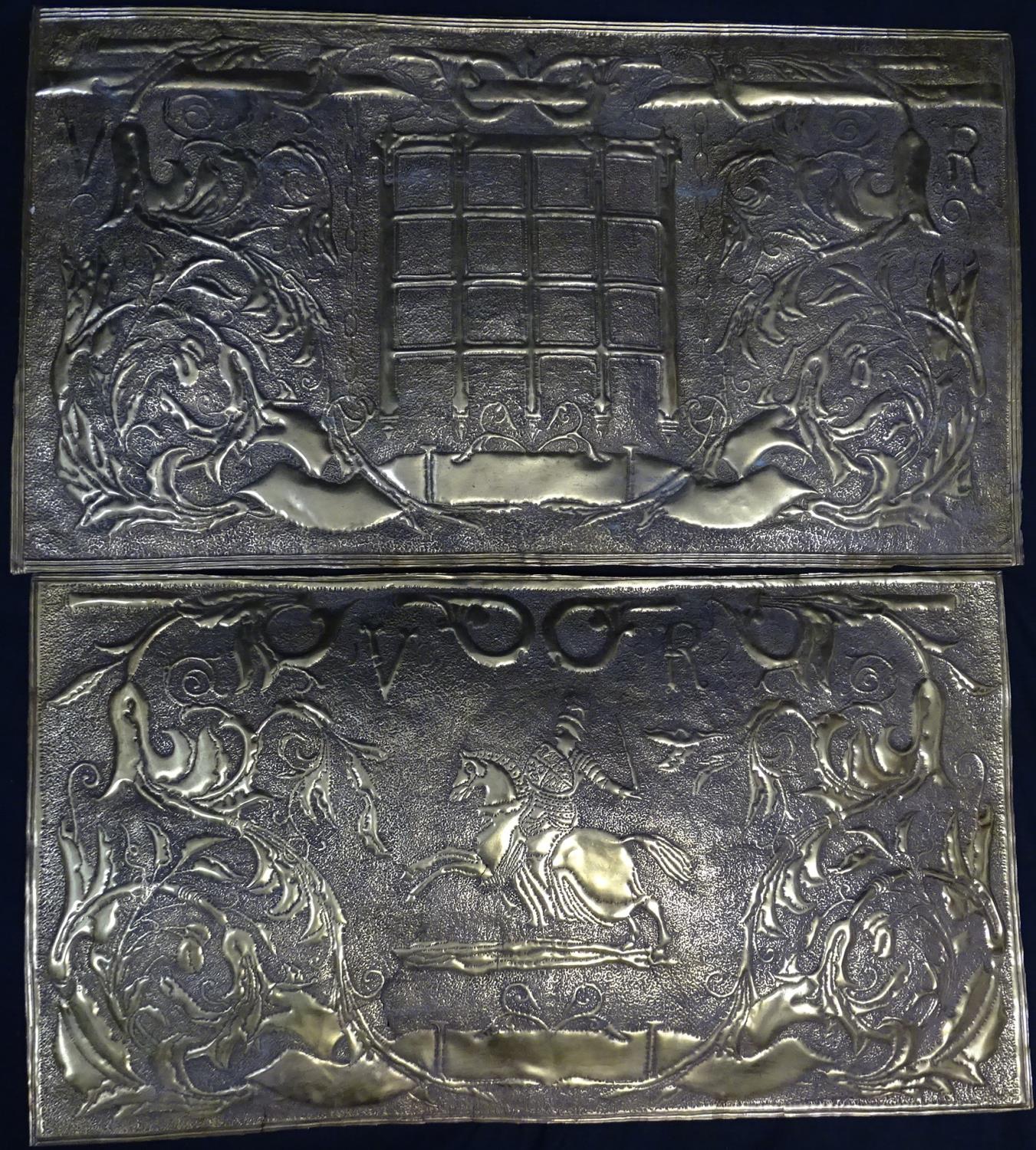 Arts and Crafts -a pair of embossed oblong brass plaques having a Knight on horseback and Portcullis