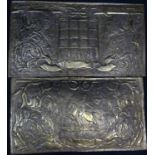 Arts and Crafts -a pair of embossed oblong brass plaques having a Knight on horseback and Portcullis