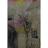 Heather Gatt 1991 Batik on cotton ? Winter Sky behind cottage , Woburn , Bedfordshire ? Signed and