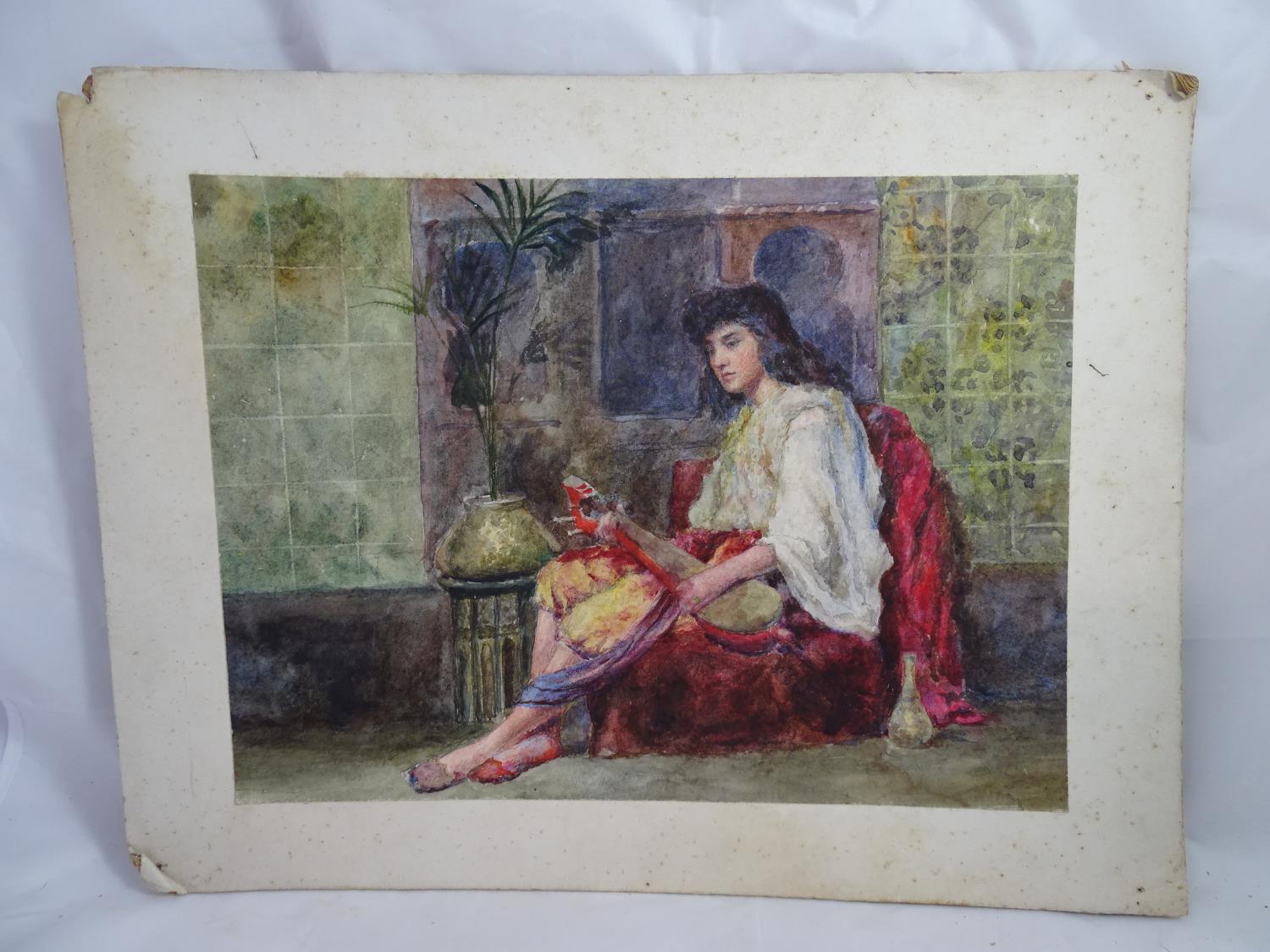 Cattermole XIX Orientalist School Watercolour A seated Lute player beside an Ottoman table etc. - Image 2 of 8