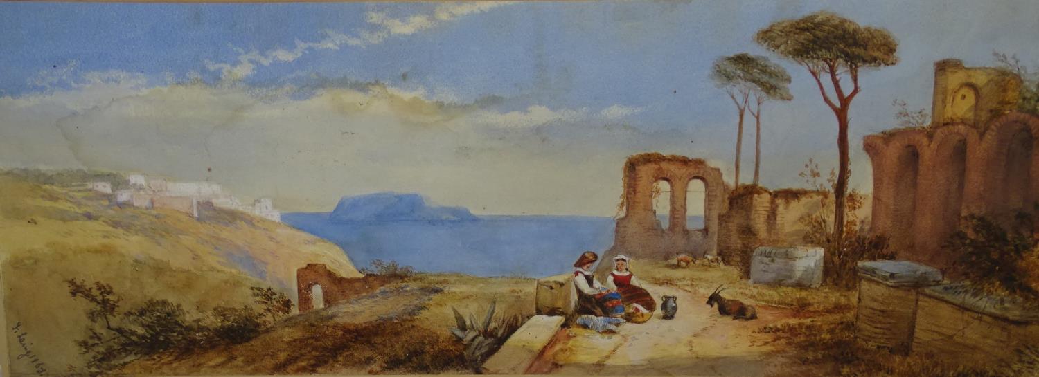 Florence Laing ( XIX-XX) Watercolour and gouache Female figures sat in old Italian ruins beside
