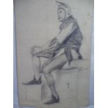 C. 1900 Portrait Study Pencil A seated jester 15 x 9? ( 38.1 x 22.8 cms)