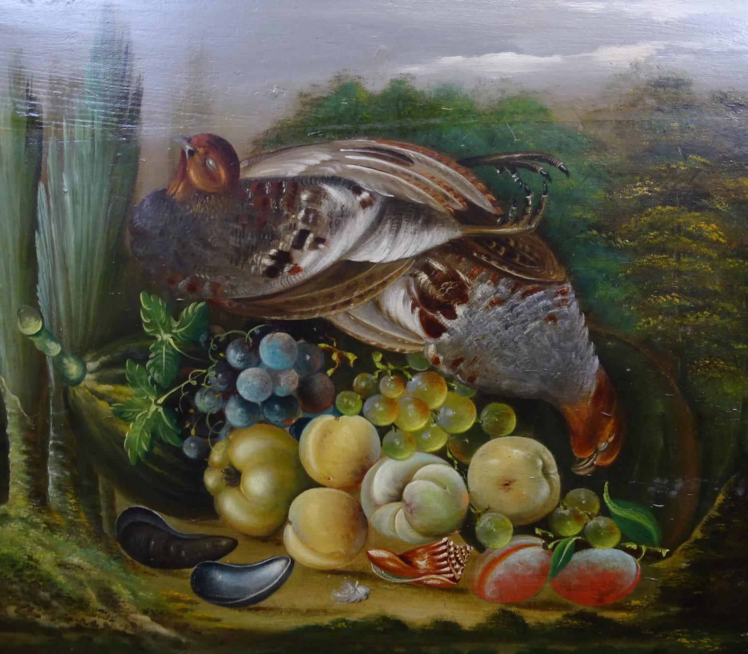 XVII English School Oil on field oak panel Still life of English Grey Partridges and quinces ,