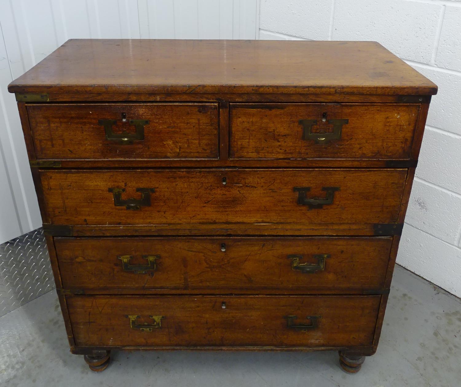 19 th C Campaign Chest of Drawers - a Naval / Military Teak chest comprising 2 short drawers and