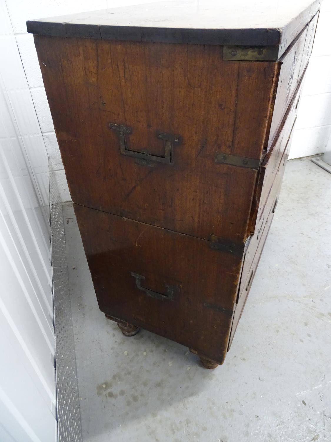 19 th C Campaign Chest of Drawers - a Naval / Military Teak chest comprising 2 short drawers and - Image 4 of 13