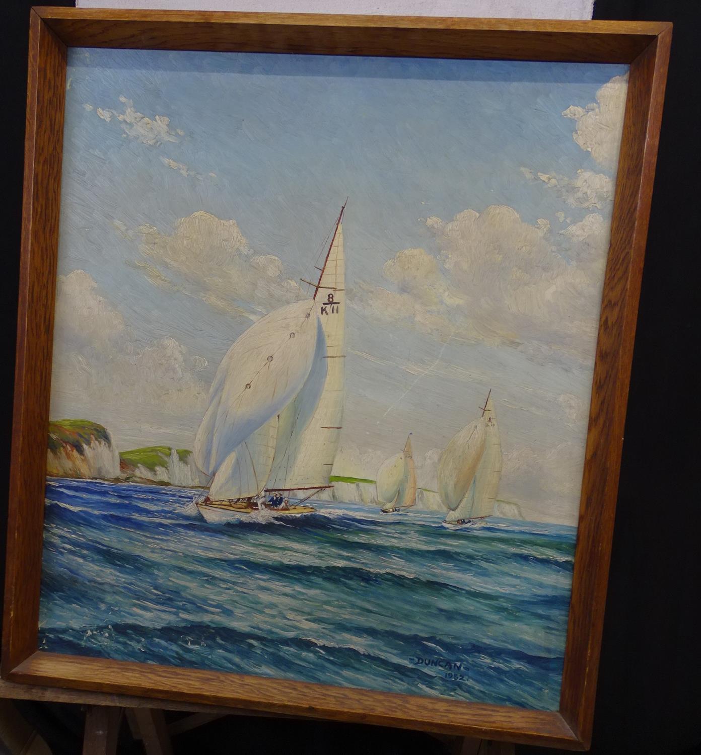 Duncan 1952 Marine School Oil on board Yachting of the white cliffs Signed lower 22 x 36"" (60.1 x - Image 3 of 10