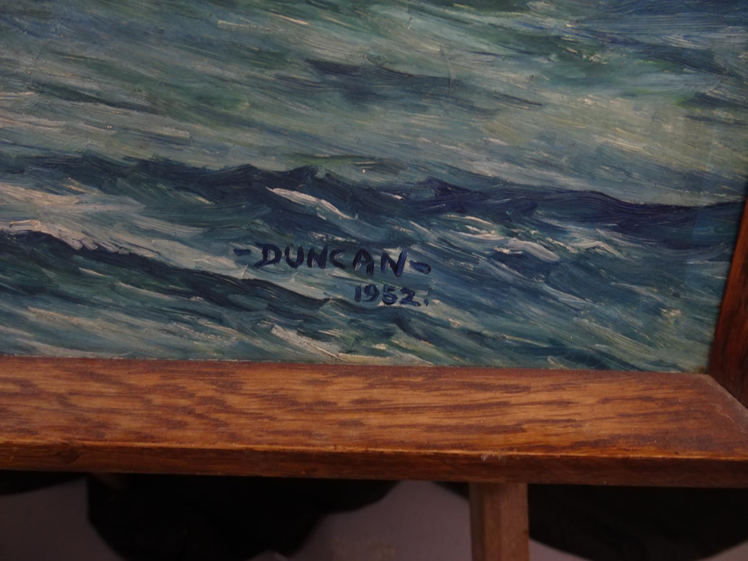 Duncan 1952 Marine School Oil on board Yachting of the white cliffs Signed lower 22 x 36"" (60.1 x - Image 2 of 10