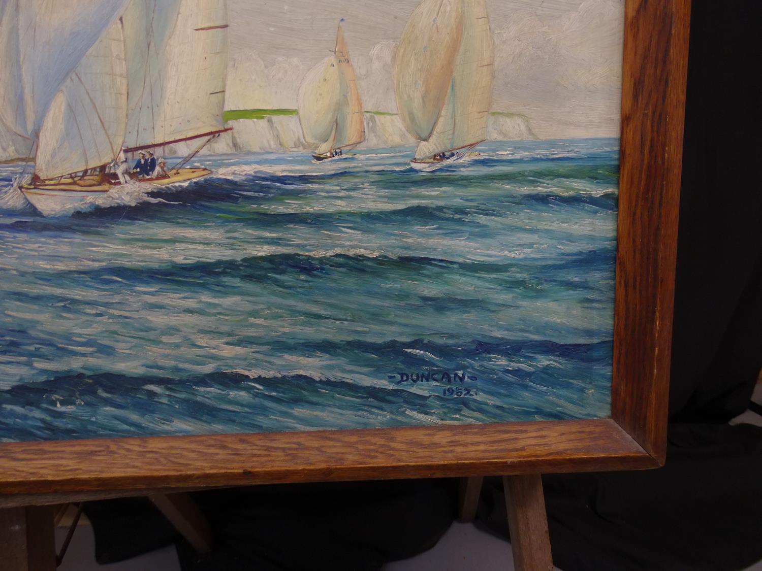 Duncan 1952 Marine School Oil on board Yachting of the white cliffs Signed lower 22 x 36"" (60.1 x - Image 8 of 10