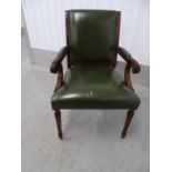 Leather open arm chair - a green leather over stuffed chair, with scroll ended arms, brass capped