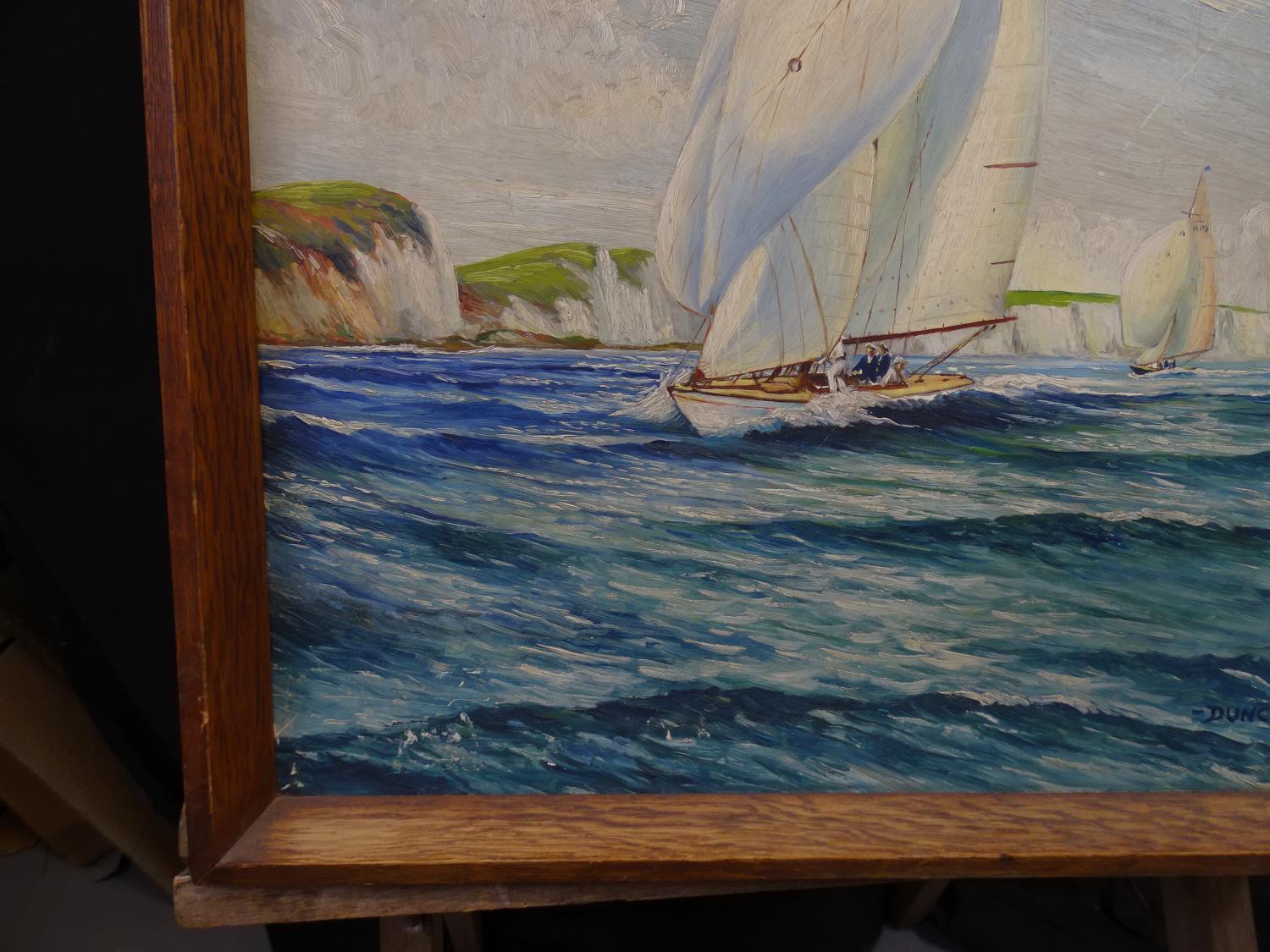 Duncan 1952 Marine School Oil on board Yachting of the white cliffs Signed lower 22 x 36"" (60.1 x - Image 9 of 10